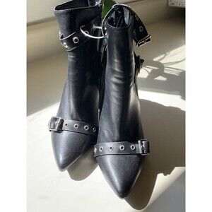 NWOT Anne Michelle Ankle Boots Stilleto Black Faux Leather Buckles Silver 8.5